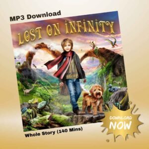 Cover artwork for Lost on Infinity: A Musical Adventure for All Ages, the image shows Moog and his dog on the island of Infinity.