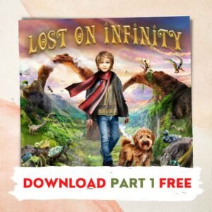 Cover artwork for Lost on Infinity: A Musical Adventure for All Ages, the image shows Moog and his dog on the island of Infinity.