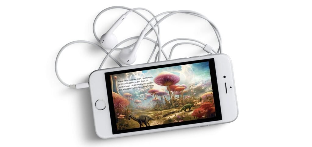 A smart phone showing a scene from Lost on Infinity the read-along digital audiobook.