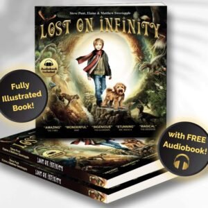 The fully illustrated, 180-page book of Lost on Infinity is here. Dive into the adventure and follow along with links to the audiobook for a truly immersive experience.