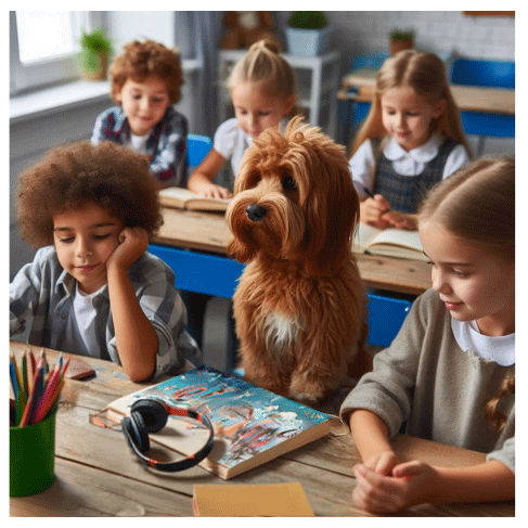 A class with a dog reading the fully illustrated, 180-page book of Lost on Infinity, a truly immersive storytelling experience.