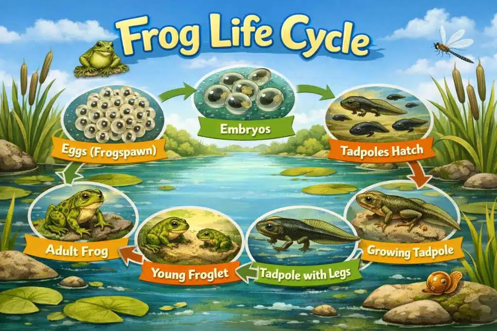 A child-friendly diagram showing frog life cycle.