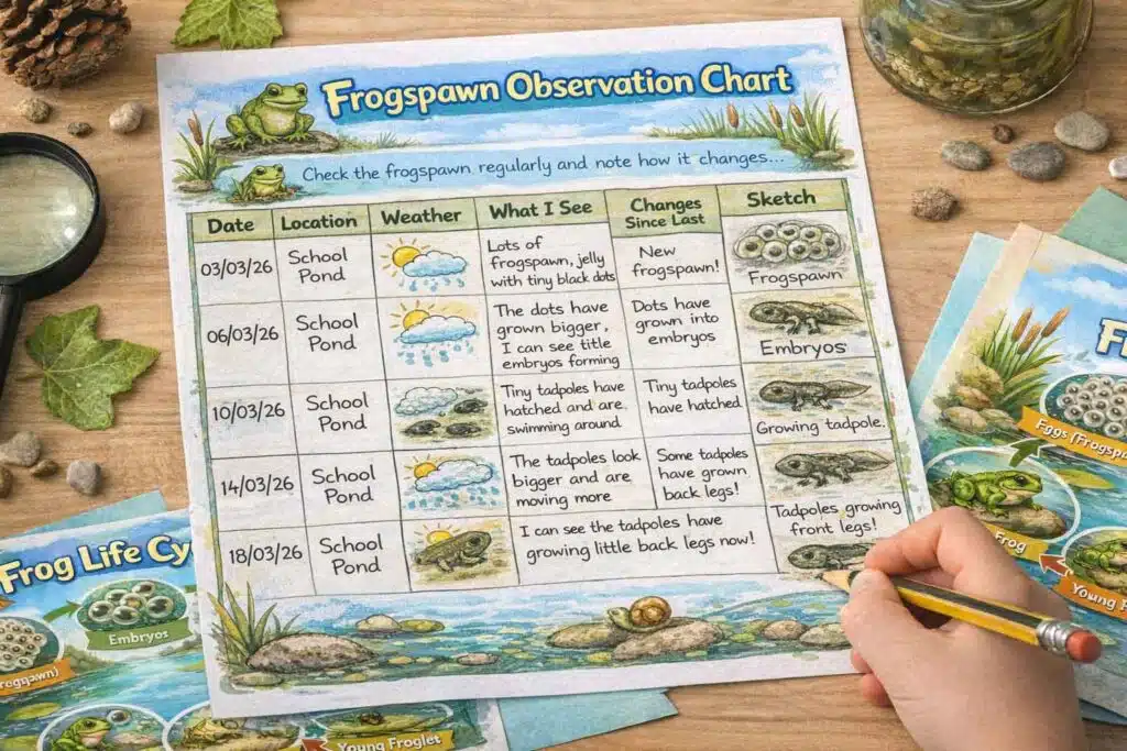 A child-friendly observation chart showing frog life cycle.