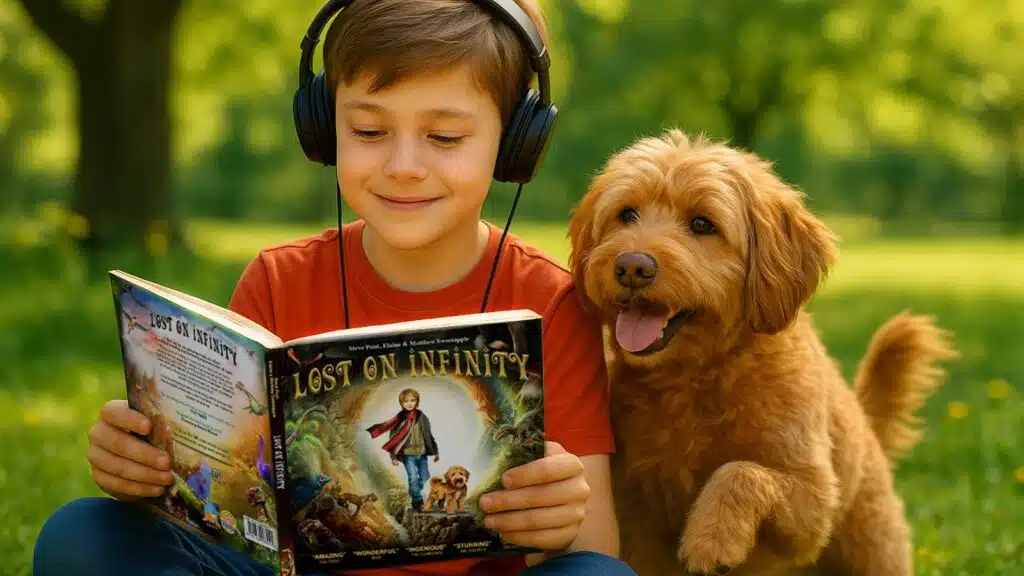 Boy reading a book and listening to an audiobook at the same time. Immersive reading helps children focus, learn faster, and truly enjoy books. Listening while reading boosts memory, attention, and engagement.