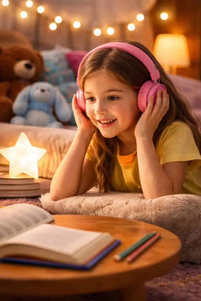 A young girl wears headphones to listen to an audiobook