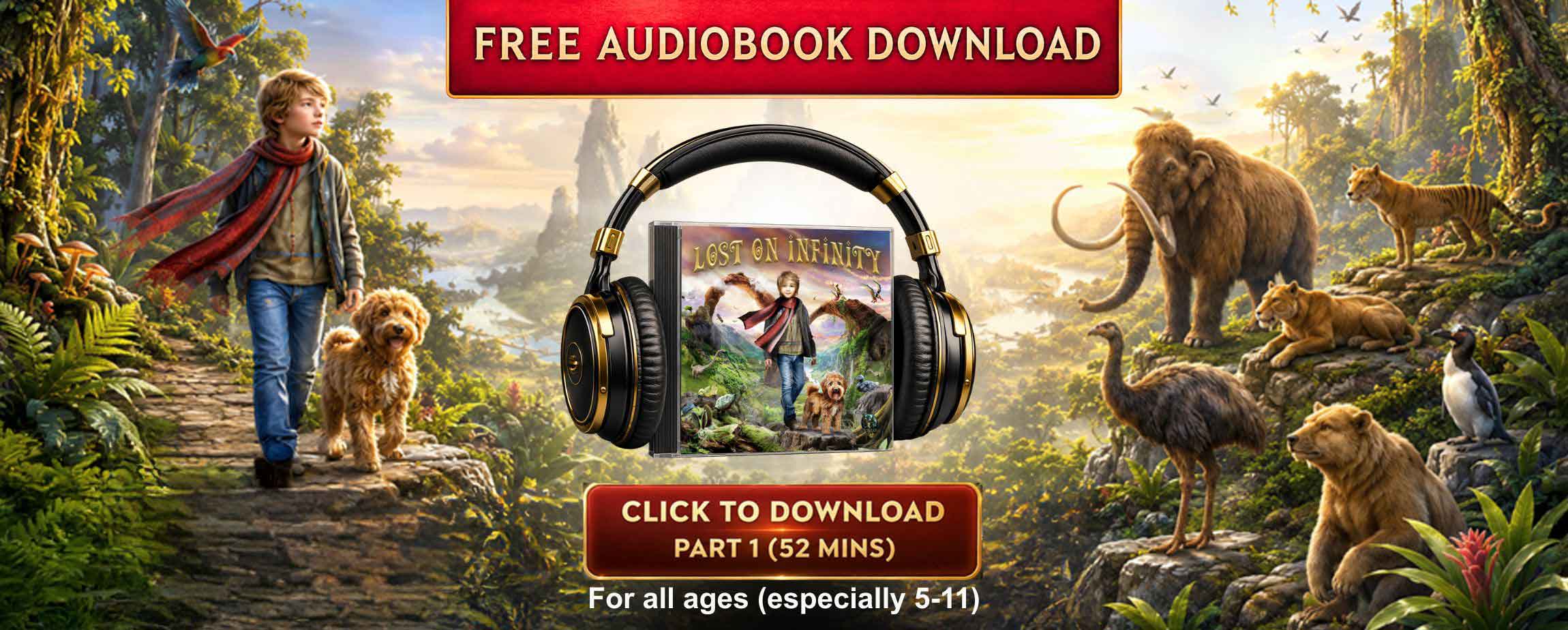 Lost on Infinity free audiobook download banner featuring Moog and Rockford on Infinity