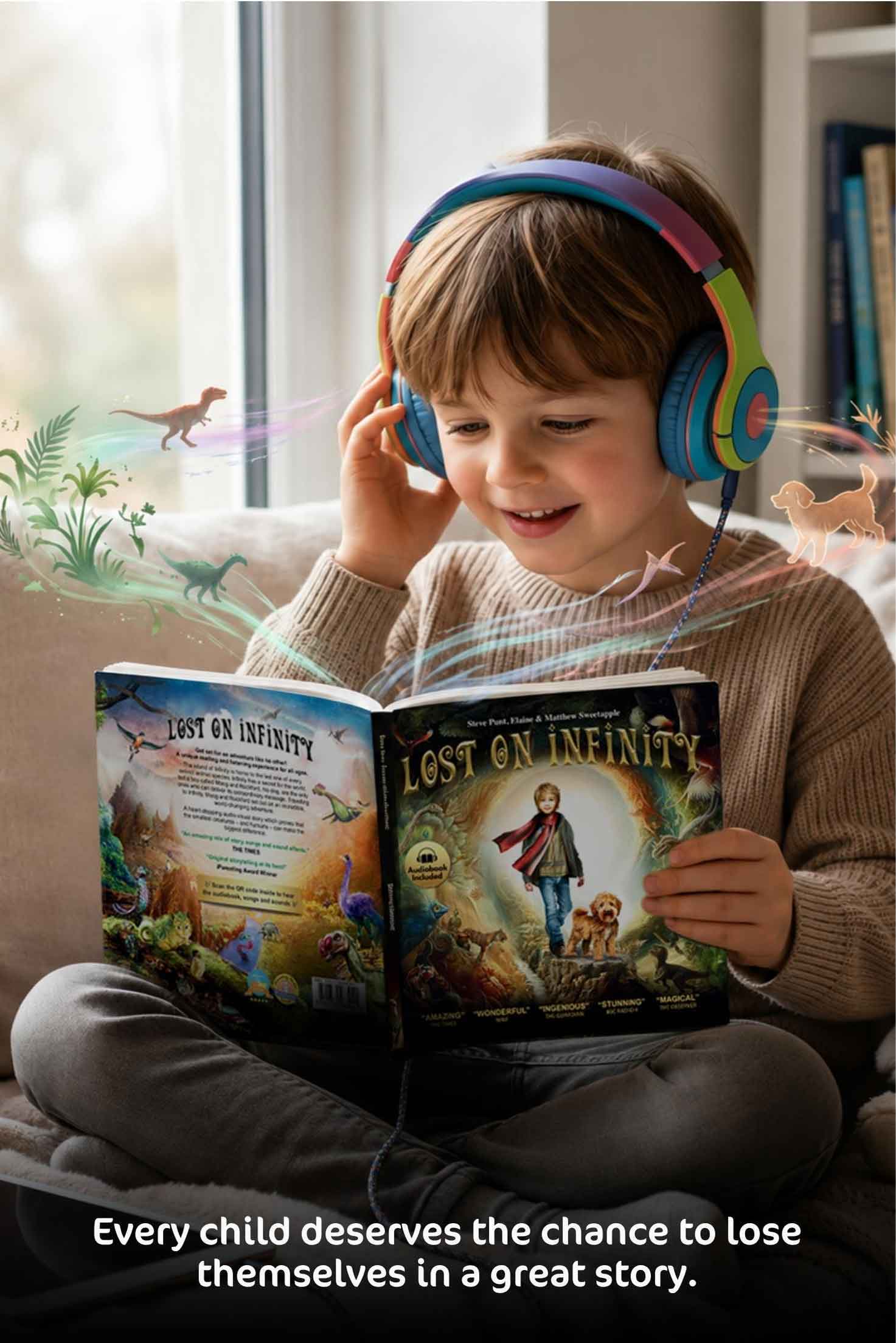 Child listening with headphones while holding the Lost on Infinity book
