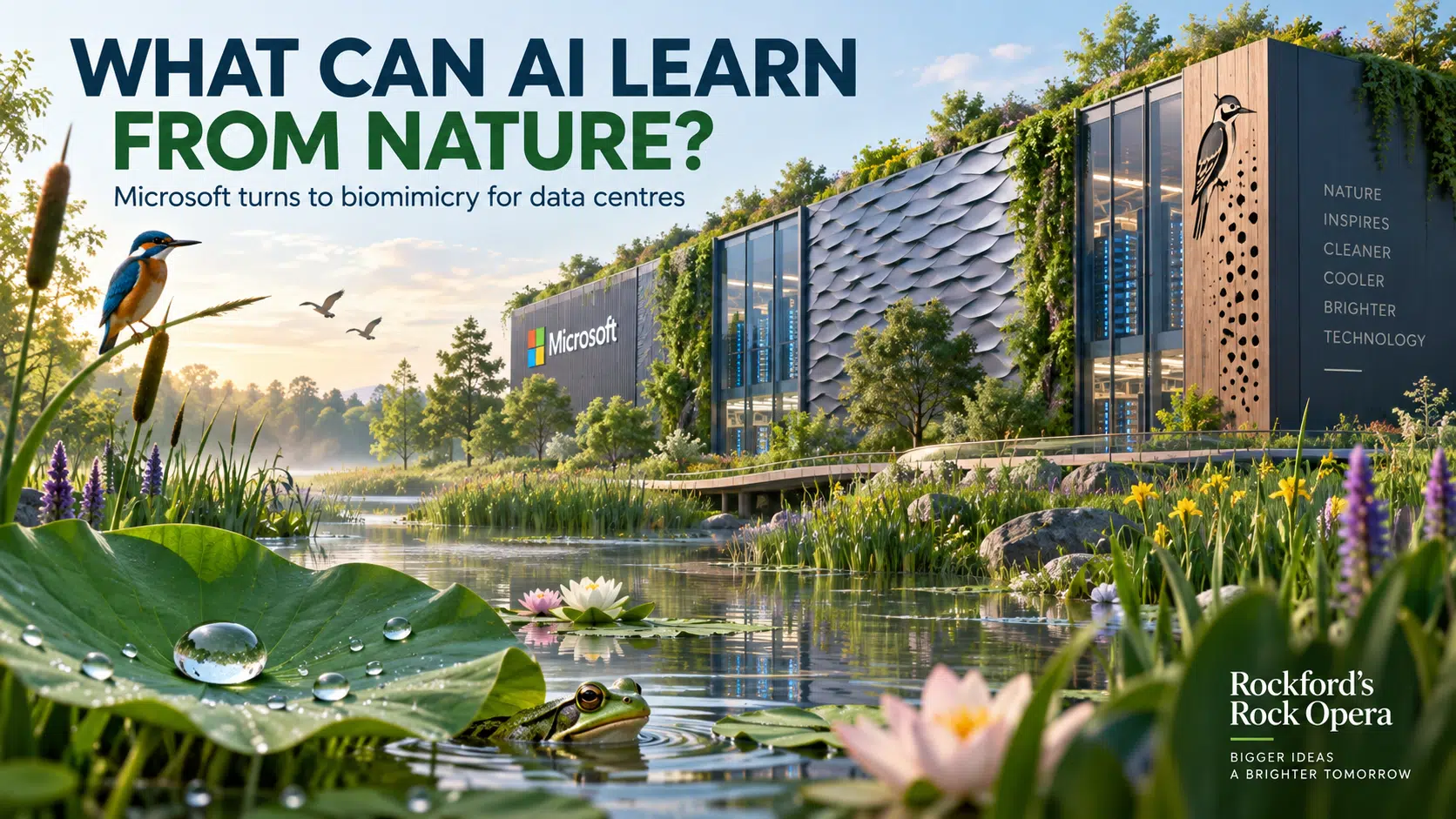 Data centre to illustrate our blog about Microsoft is turning to biomimicry to help make data centres greener, restoring wetlands, planting native habitats and learning from natural ecosystems.
