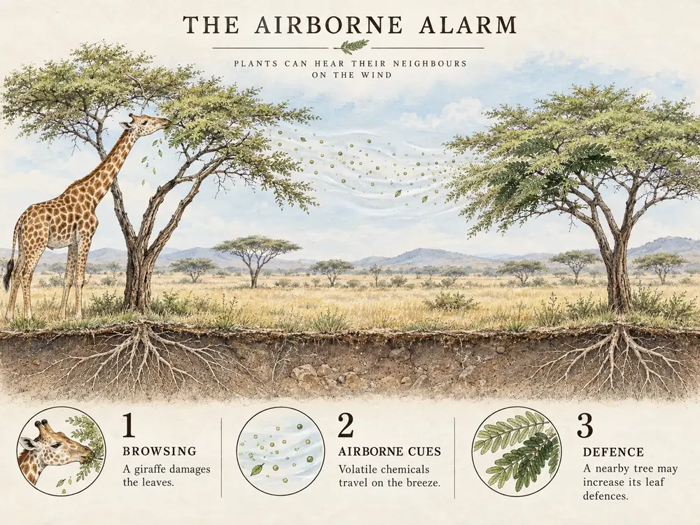 Illustrated giraffe browsing an acacia tree as airborne chemical signals travel towards a neighbouring tree and trigger stronger leaf defences.