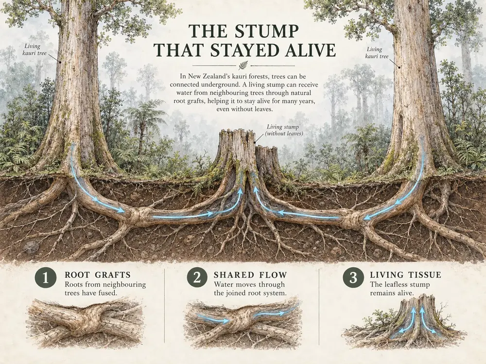 Illustrated New Zealand kauri forest cutaway showing water passing from living trees to a leafless stump through fused roots.