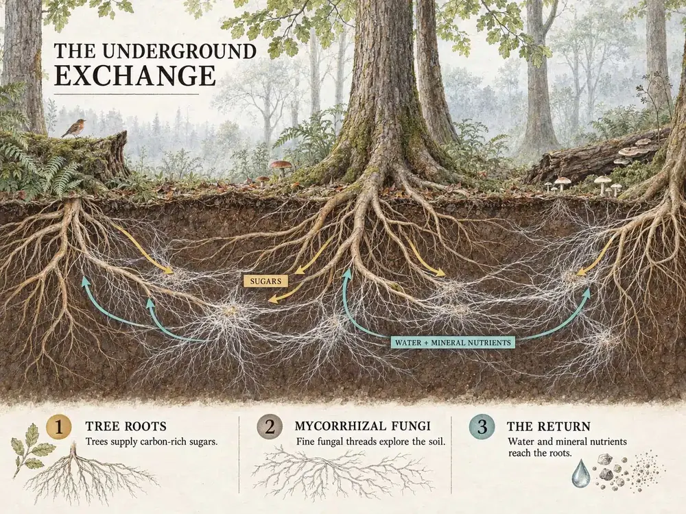 Illustrated forest cutaway showing tree roots connected with fine mycorrhizal fungi, exchanging sugars for water and mineral nutrients.