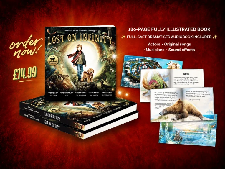 Mobile Banner for the fully illustrated, 180-page book of Lost on Infinity is here. Dive into the adventure and follow along with links to the audiobook for a truly immersive experience.