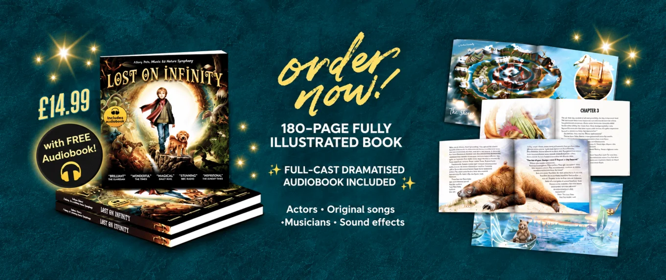 The fully illustrated, 180-page book of Lost on Infinity is here. Dive into the adventure and follow along with links to the audiobook for a truly immersive experience.