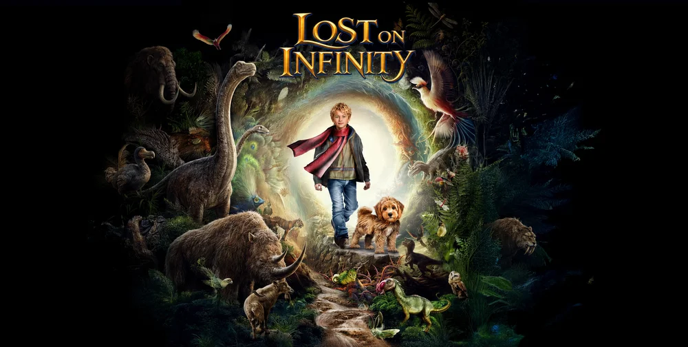 The characters from the audiobook adventure, Lost on Infinity. Moog and Rockford the dog on a mountain peak staring at the sunset over Infinity Island, home to extinct animals.