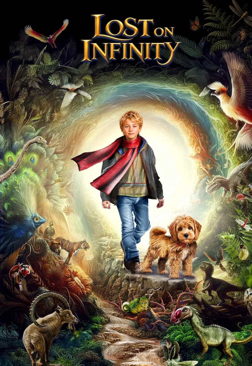 The characters from the audiobook adventure, Lost on Infinity. Moog and Rockford the dog on a mountain peak staring at the sunset over Infinity Island, home to extinct animals.