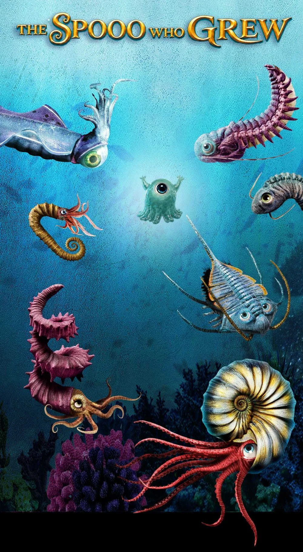 The cover artwork for The Spooo Who Grew which is a magical short story. The image shows prehistoric creatures under water.